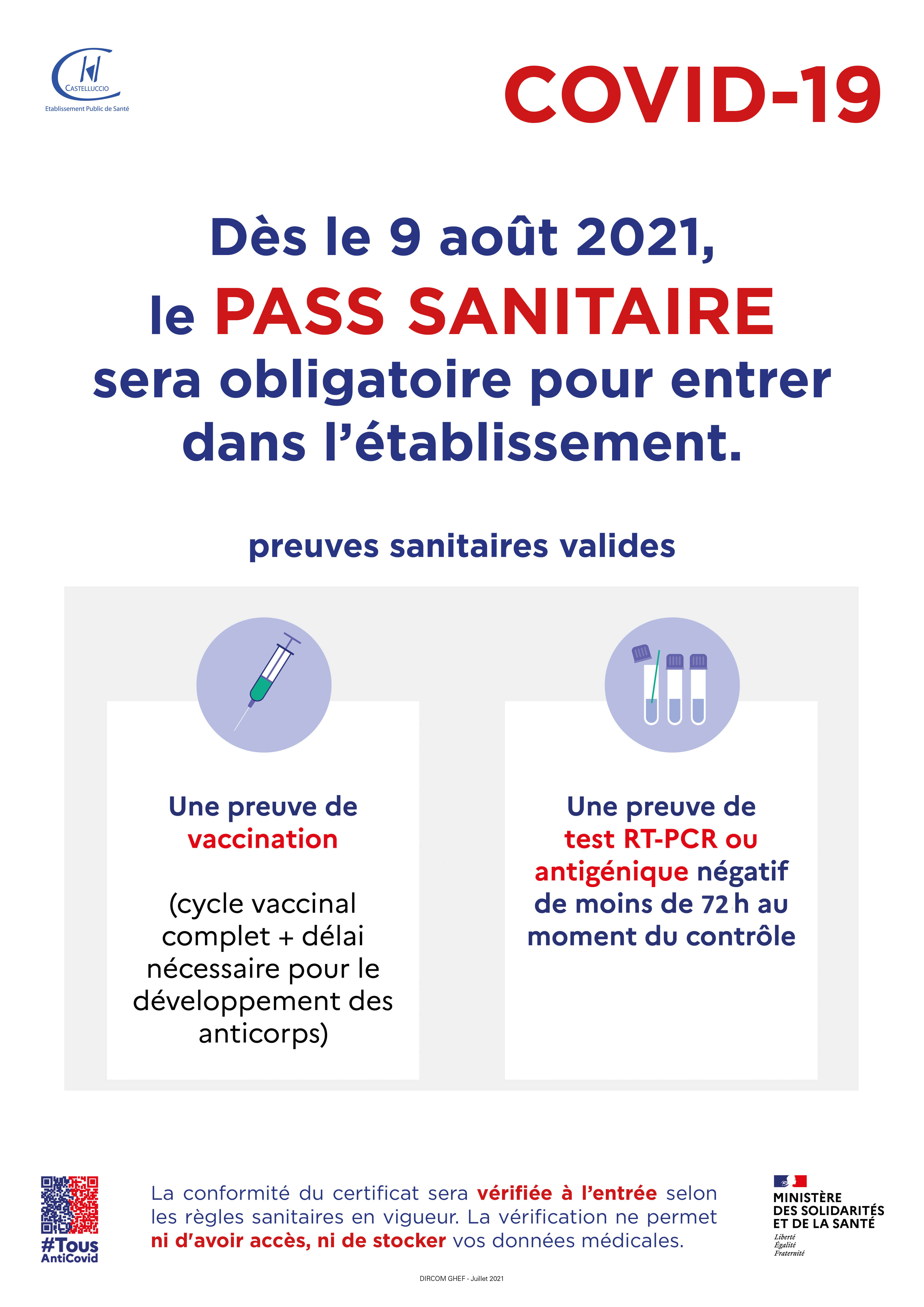 Covid-19 : A partir du 9 août 2021, Pass Sanitaire obligatoire pour entrer dans l'établissement 