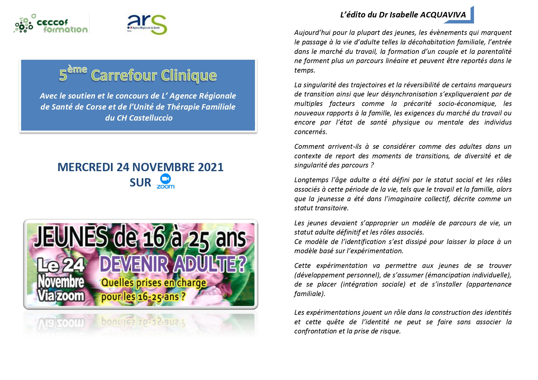5ème Carrefour Clinique Ceccof : Jeunes de 16 à 25 ans : Edito du Dr ACQUAVIVA