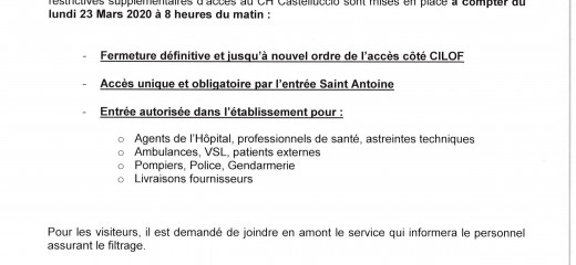 COVID-19 : Accès au Centre Hospitalier de Castelluccio / Saint Antoine