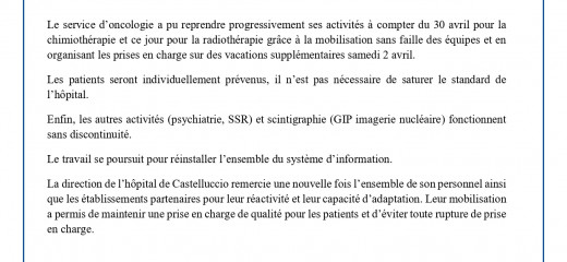Reprise de l'activité d'oncologie et de radiothérapie