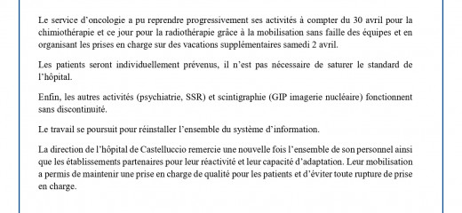 Reprise de l'activité d'oncologie et de radiothérapie